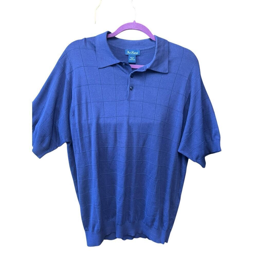 Paul Fredrick 100% Silk Men’s XL short sleeve grid golf polo bat blue shirt
